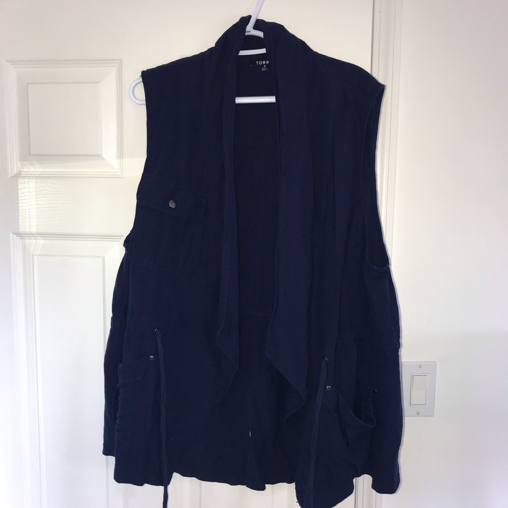 Torrid size 2 Navy blue sleeveless linen drawstring waist vest